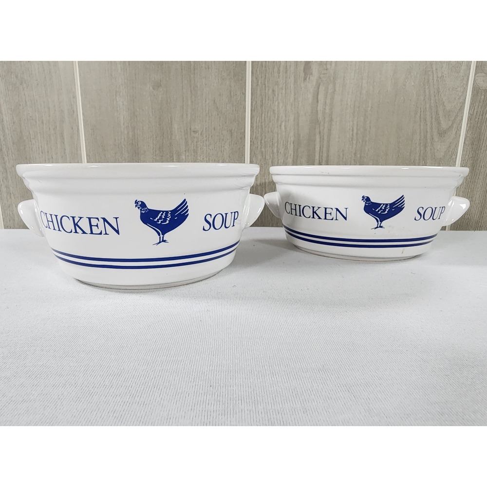 FTD Chicken Soup Bowls Set of 2 White Blue Farmhouse Ceramic Handles Vintage